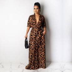 Leopard Print Half Sleeve Maxi Dress TE-4516