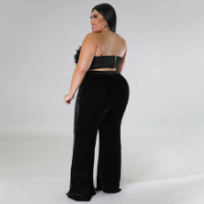 Plus Size Solid Color Velvet High Waist Flare Pant NNWF-7775