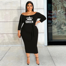 Plus Size One Shoulder Queen Letter Print Midi Dress XHSY-19511