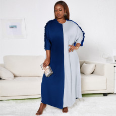 Plus Size Contrast Color Ruched Bat Sleeve Loose Maxi Dress XHSY-19518