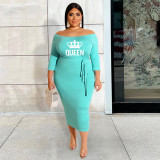 Plus Size One Shoulder Queen Letter Print Midi Dress XHSY-19511