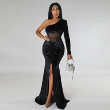 Solid Single Shoulder Sleeve Ruched Split Mermaid Maxi Dress YF-10354