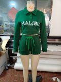 Casual Sports Letter Print Pullover Long Sleeve Shorts 2 Piece Set GSDF-2170