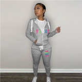 Plus Size PINK Print Hooded Coat And Pants 2 Piece Set GDNF-N8777P11