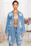 Plus Size Fashion Holes Tassel Long Sleeve Denim Coat LX-3540