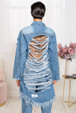 Plus Size Fashion Holes Tassel Long Sleeve Denim Coat LX-3540