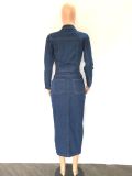 Fashion Denim Single Breasted Buttom Slim Midi Dress(With Waist Belt)  LA-3327
