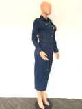 Fashion Denim Single Breasted Buttom Slim Midi Dress(With Waist Belt)  LA-3327