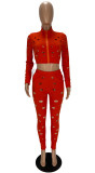 Solid Color Holes Short Tops And Pant Sport Two Piece Set XYF-9197