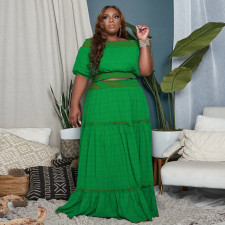 Plus Size Solid Short Tops And Maxi Skirt 2 Piece Set NNWF-3049