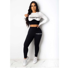 Casual Contrast Color Crop Tops And Pant Print Two Piece Set HM-6635