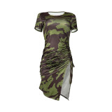Printed Short Sleeve Drawstring Split Dress GQYD-D8848