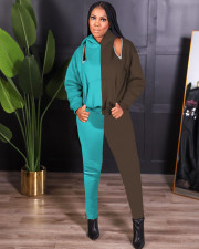Contrast Color Zipper Hooded Sweatshirt Pant Two Piece Set XMJF-5094