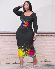 Plus Size Inkjet Lip Print Long Dress NYMF-5044