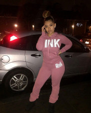 PINK Letter Print Hooded Sweatshirt Two Piece Pant Set XMF-214