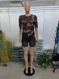 Letter Print Sexy See-through Short Sleeve Shorts 2 Piece Set GSMJ-88888