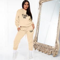 PINK Letter Print Plush Hooded Sweatshirt Two Piece Pant Set YFS-10303