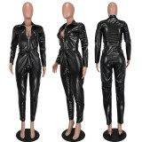 PU Leather Long Sleeve Slim Jumpsuit GEYF-1222