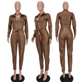 PU Leather Long Sleeve Slim Jumpsuit GEYF-1222