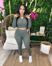 Print Long Sleeve Crop Tops And Pant Two Piece Set GEYF-1216