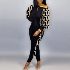 Plus Size Patchwork Long Sleeve Two Piece Pant Set NY-2653