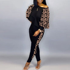 Plus Size Patchwork Long Sleeve Two Piece Pant Set NY-2653