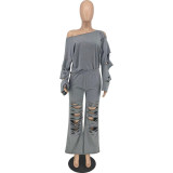 Solid Color Flare Sleeve Holes Two Piece Pant Set MXDF-6120