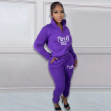 Pink Letter Print Plus Fleece Pullover Pant Two Piece Set NYF-8135