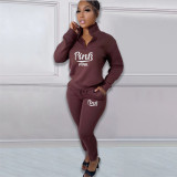 Pink Letter Print Plus Fleece Pullover Pant Two Piece Set NYF-8135