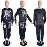 Skull Print Long Sleeve Hooded Two Piece Set MUKF-100