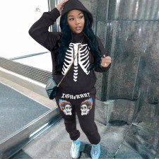 Skull Print Long Sleeve Hooded Two Piece Set MUKF-100