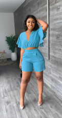 Casual Ruffle Short V-neck Top Shorts Summer 2 Piece Set GYLY-9758