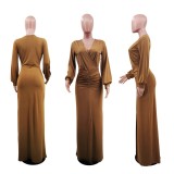 Plus Size Solid Color Long Sleeve Long Dress GYLY-9453