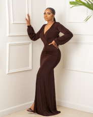 Plus Size Solid Color Long Sleeve Long Dress GYLY-9453