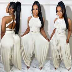 Casual Solid Color Backless Top Harem Pants Two Piece Set SIMF-33261