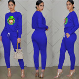 Solid Long Sleeve Pant Print Two Piece Set TE-2068