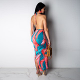 Fashion Print Halter Backless Maxi Dress TE-4531