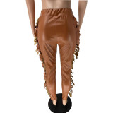 Plus Size PU Leather Tassel Skinny Pant WAF-77525