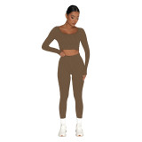 Low Collar Rib Sports Casual Long Sleeve Pants Two Piece Set ME-8274