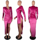 Velvet Long Sleeve Irregular Low-cut Dress LSL-6505