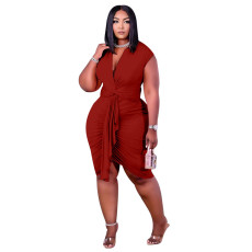 Plus Size Solid Lace-up Midi Dress NNWF-3063