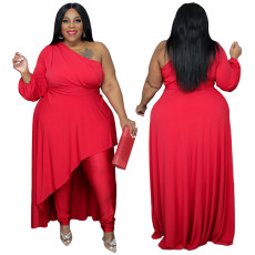 Plus Size Single Sleeve Irregular Top And Pants Two Piece Set NNWF-3215