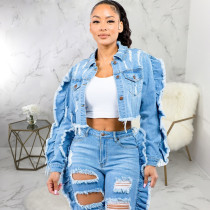 Plus Size Fashion Denim Ripped Hole Short Coat HSF-2659