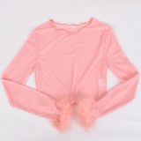 Mesh See Through Feather Splicing T Shirt GBTF-8792