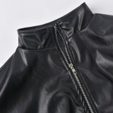PU Leather Contrast Color Splicing Zipper Short Jacket GBTF-7307