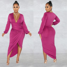Solid Long Sleeve Ruched Irregular Dress BY-6187