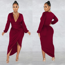 Solid Long Sleeve Ruched Irregular Dress BY-6187