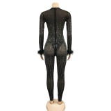 Mesh Hot Drill Long Sleeve Feather Jumpsuit BY-6200