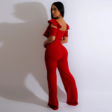 Ruffles V Neck Short Sleeve Jumpsuit With Waist Belt  YF-10390