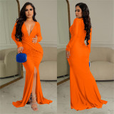 Deep V Neck Ruched Split Maxi Dress BY-6115